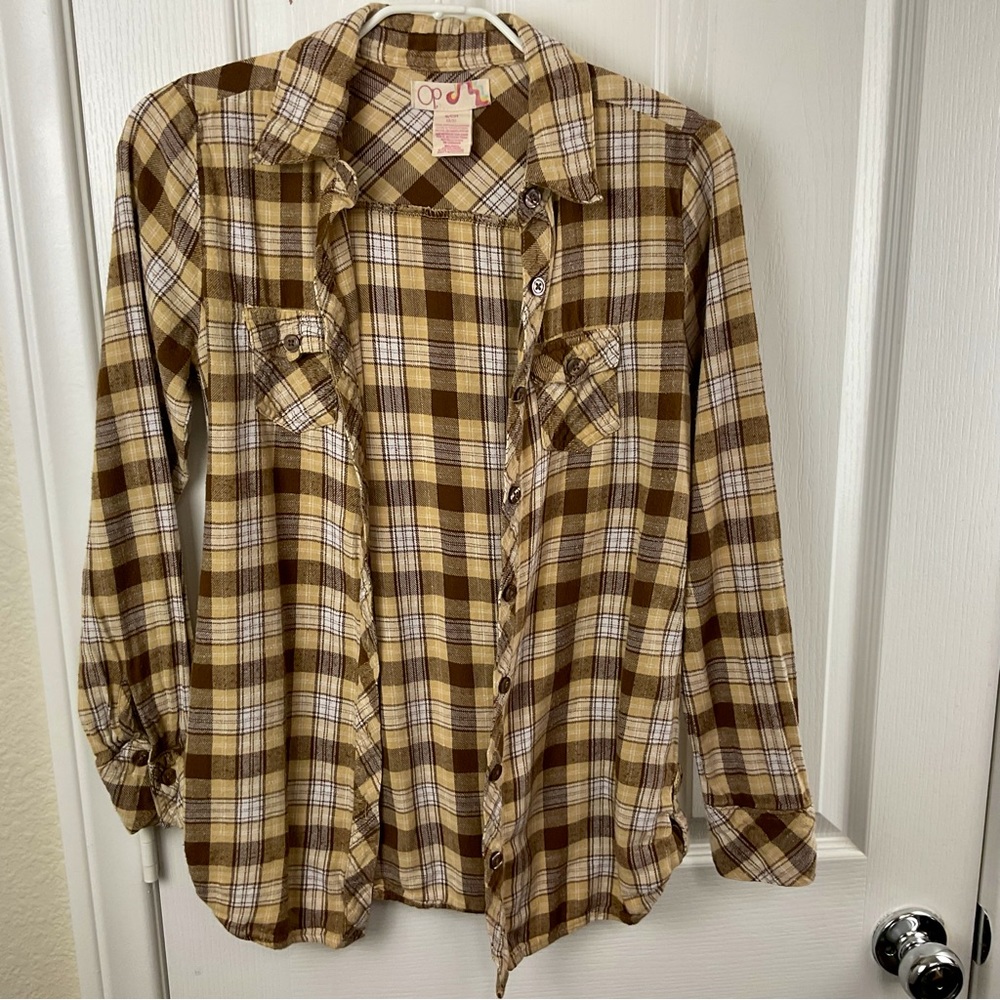 Ocean Pacific OP Women’s Y2K Plaid Tan Flannel Long Sleeve Button Up, Size S